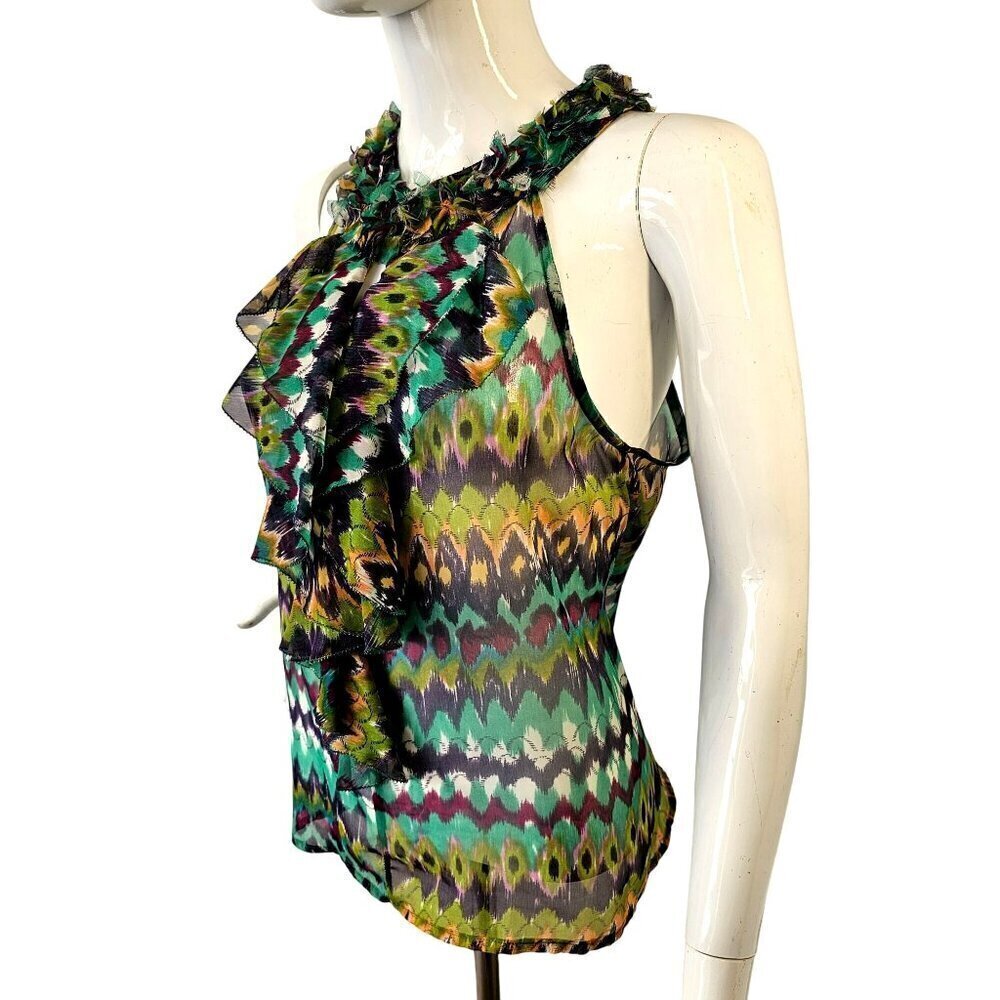 Aryn K Sleeveless T Back Sheer Top Womens S Blue Multi Ruffle Front Keyhole Neck